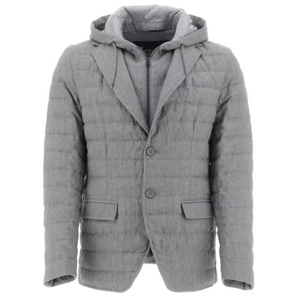 Herno Men’s Linen down jacket Light grey Removable Bib & Hood Size 48EU US36 New